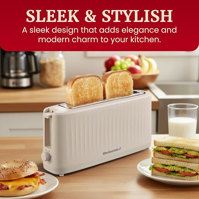 Elite Gourmet ECT2517C SLIMTOAST™ 2-Slice Long Slot Toaster, Cool-Touch Body, 6 Browning Shades, Extra-Wide 1.5" Slot for Artisan Bread, Bagels, Waffles & English Muffins, Cremello