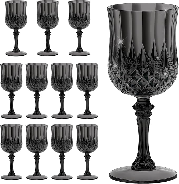 7OZ Plastic Wine Glasses, Reusable Vintage Goblets Unbreakable Drinking Glasses Crystal Water Cups Champagne for Wedding, Parties (12, Black)