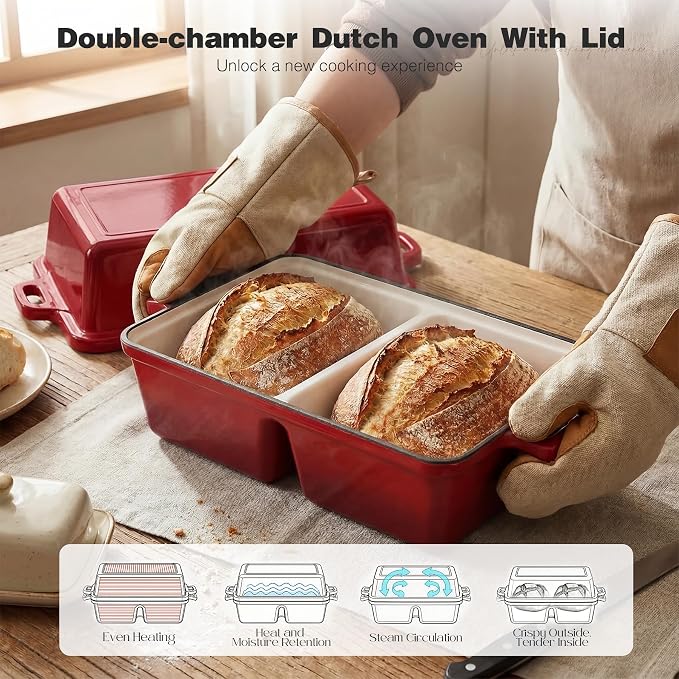 Double Dutch Oven for Sourdough Bread Baking,Enameled Cast Iron Dutch Oven with Lid,Double-Chamber Square Mini Sourdough Loaf Pan for Homemade Bread, Red(Patent Has Been Applied for)