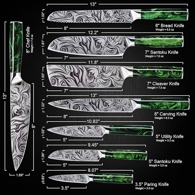 SENKEN 8-piece Engraved Japanese Kitchen Knife Set & Beautiful Green Resin Epoxy Handles - Wasabi Collection - Chef's Knife, Santoku, Cleaver, Paring, & More