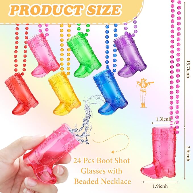 Sieral 24 Pcs Boot Shot Glasses on Beaded Necklace Plastic Cowgirl Shot Glass Cup Necklace Bride Supply for Bachelorette Carnival Party Birthday Wedding Supply (Transparent Colorful)