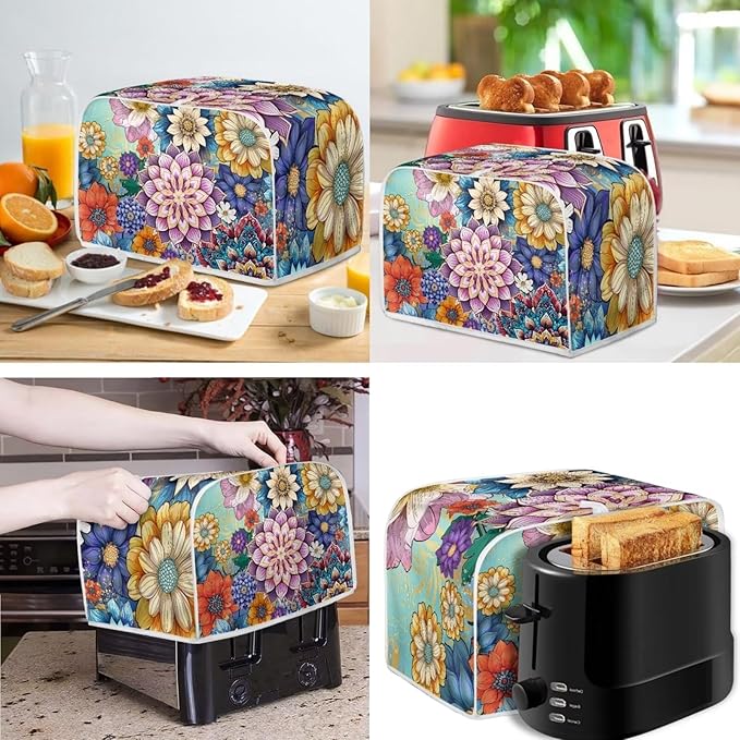 Bright Blossom Flower Toaster Cover 2 Slice，Boho Hippie Floral Kitchen Blender Dust Cover 2 Pcs Small Appliance Dust Cover Anti Fingerprint and Oil Proof Cover-S