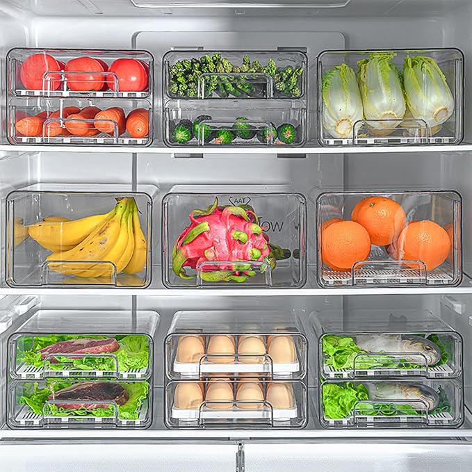 Fridge Drawers with Lids Stackable Pull Out Fridge Storage Containers Double Layer Clear Plastic Refrigerator Organizer Bins with Drain Tray for Kitchen Refrigerator Cabinets