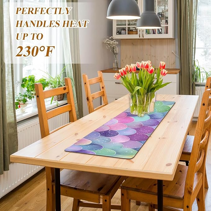 2 in 1 Table Runner Trivet for Hot Pots and Pans Heat Resistant Non Slip Waterproof 39 x 12 Inch Decorative Table Protector for Kitchen Countertop Watercolor Mermaid Scales Colors