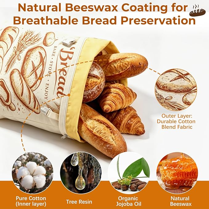 Beeswax Bread Bags for Homemade Bread, 2 Pack XL Sourdough Bread Bags with Zipper & Buckle Closure, Reusable Linen Bread Storage Bags for Artisan Loaves