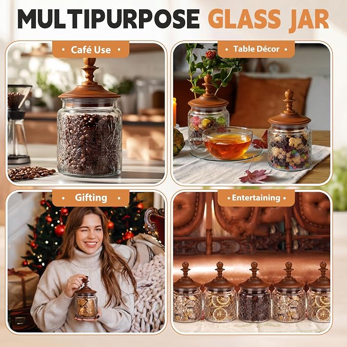 Suclain 6 Pack 17 Oz Vintage Glass Jars with Wooden Crown Lids, Decorative Jars with Graden Pattern, Airtight Glass Food Storage Containers for Tea Coffee Spice Pantry Organization