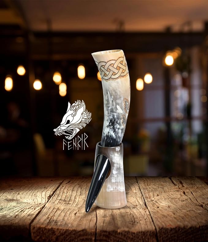 FENRIR Viking Drinking Horn With Stand & Thor Bottle Opener | Norse Medieval Authentic Ox Horn for Ale, Mead, Whiskey | Unique Gifts for Men & Women | 16-20 oz Odin & Vegvisir