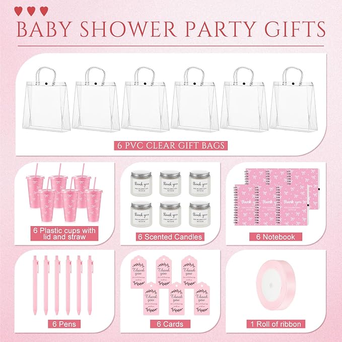 Nuogo 6 Sets New Parent Shower Prizes for Player Winners Adult, Wedding Bridal Shower Gift, Plastic Tumbler Notebook Scented Candle Ballpoint Pen Bag (Pink Color,Bow Style)