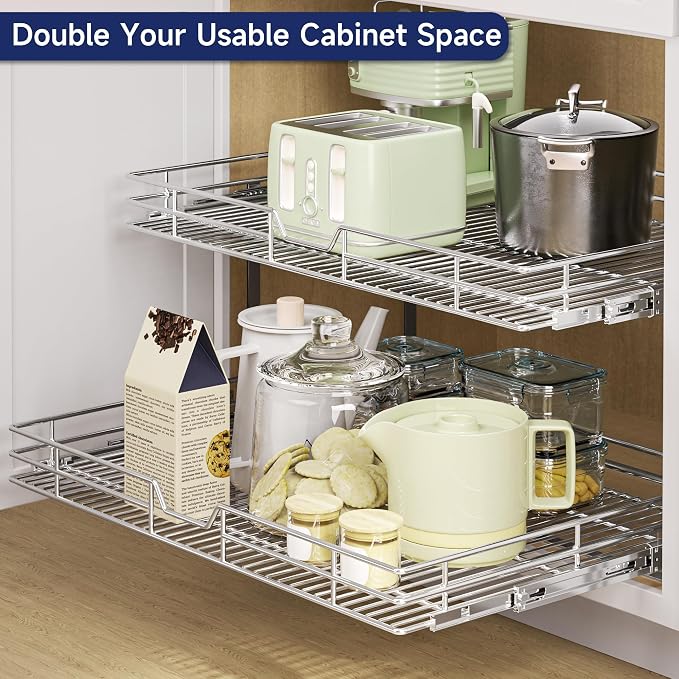 2-Tier Pull Out Cabinet Organizer, 28.5" W x 21.5" D, Heavy Duty Dual Slide Out Shelves for Wide Base Cabinets, Chrome Wire Basket Drawer for Pots, Pans, Pantry & Cleaning Supplies