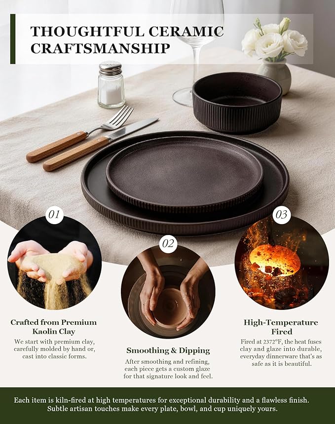 OTAGO 16-Piece Dinnerware Set for 4 with Mugs, Ribbed Stoneware Plates and Bowls Sets, Unique Handcrafted Reactive Glaze, Chip and Scratch Resistant Dish Set, Microwave & Dishwasher Safe, Black