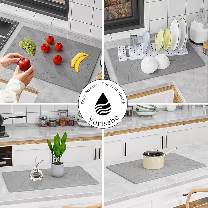 Large Stone Drying Mat for Kitchen Counter, 24" × 16" Diatomite Dish Drying Mat, Ultra Absorbent Diatomaceous Earth Dry Stone Mats with Dish Rack for Dished, Bottles, Dark Grey