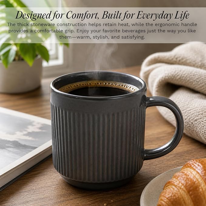 SANGO Anderson Black Coffee Mugs Set of 4, 16.5 oz Stoneware Coffee Mug Set, Big Ceramic Tea Cup with Matte Glaze for Cappuccino, Latte, Large Coffee Cups with Handle, Microwave & Dishwasher Safe