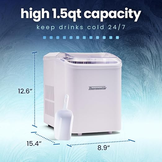 Nostalgia Thermostar Automatic Self-Cleaning Portable Electric Countertop Ice Maker Machine, 26 Pounds in 24 Hours, 9 Ice Cubes Ready in 7 Minutes, with Ice Scoop and Basket, White