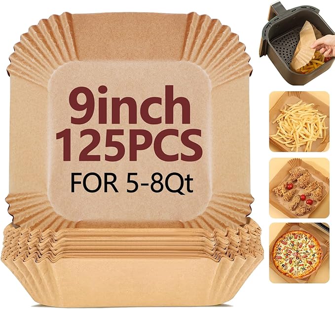 9 Inch Air Fryer Liners Disposable-125PCS Square Parchment Paper Liners,Heat Resistant & Non-Stick,Unbleached Liners for Air Fryer,Oven,Roasting,Baking,Microwave（Bottom is 8 Inch）
