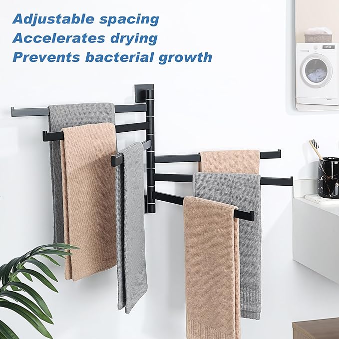 Alise Swivel Towel Rack, 6-Arm Towel Bar, Space Saving Towel Rack Wall Mount Drying Towel Holder, Swing Out Towel Holder for Bathroom Kitchen Toilet, Square SUS304 Stainless Steel, Matte Black