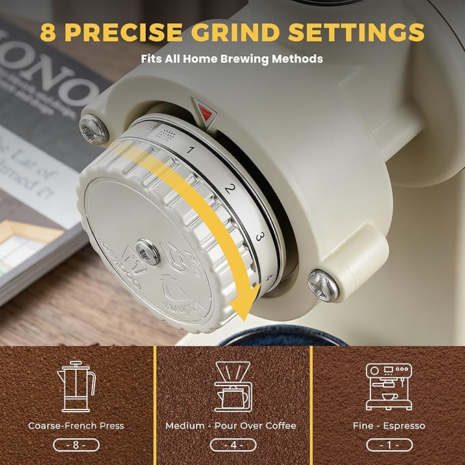 Electric Burr Coffee Grinders for Home Use, 8 Adjustable Settings Stainless Steel Flat Burr, Quiet Low Static Design for Espresso Pour Over French Press, Cream Style White