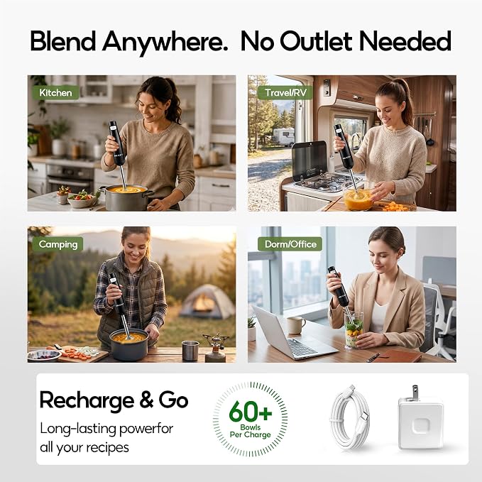 Cordless Immersion Blender, 3-in-1 Hand Blender with Charger | Blend Anywhere: Wall Charger, Brushless Motor, Whisk & Frother, 60+ Bowls, Smoothies, Soup, Baby Food