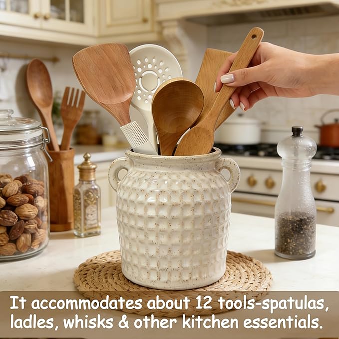 Rustic Kitchen Utensil Holder with Handle, 6.5" Ceramic Farmhouse Stable Utensil Crock for Countertop, Vintage Cooking Tool Organizer & Spatula Holder For Kitchen Decor (White)