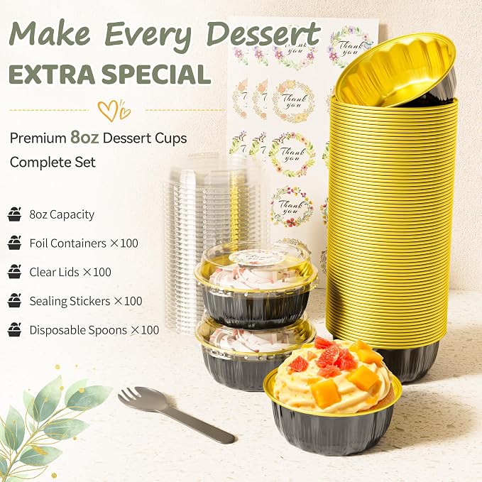 100 Pack 8 OZ Disposable Ramekins with Lids and Spoons Aluminum Foil Cups | Dessert Cups with Lids Disposable Creme Brulee Ramekins Aluminum Foil Muffin Tin Cupcake Baking Cups for Birthday Wedding