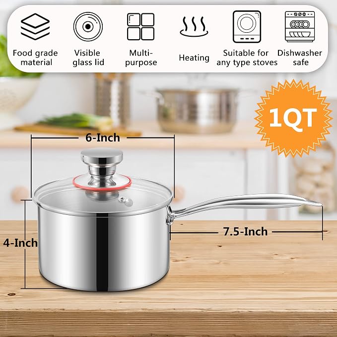 LIANYU 1QT Saucepan and 14 Pcs Cooking Utensils Set with Holder, Tri-Ply 18/10 Stainless Steel Sauce Pan with Lid