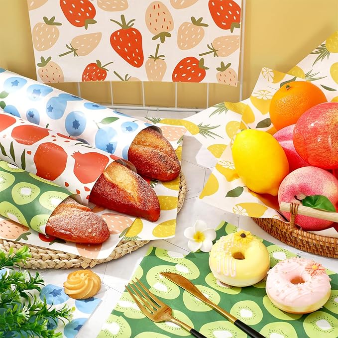 Whaline 240Pcs Fruit Wax Paper Summer Lemon Pineapple Strawberry Deli Wrap 11.8 Inch Colorful Blueberry Kiwi Sandwich Waterproof Greaseproof Picnic Liners for Party Kitchen Supplies