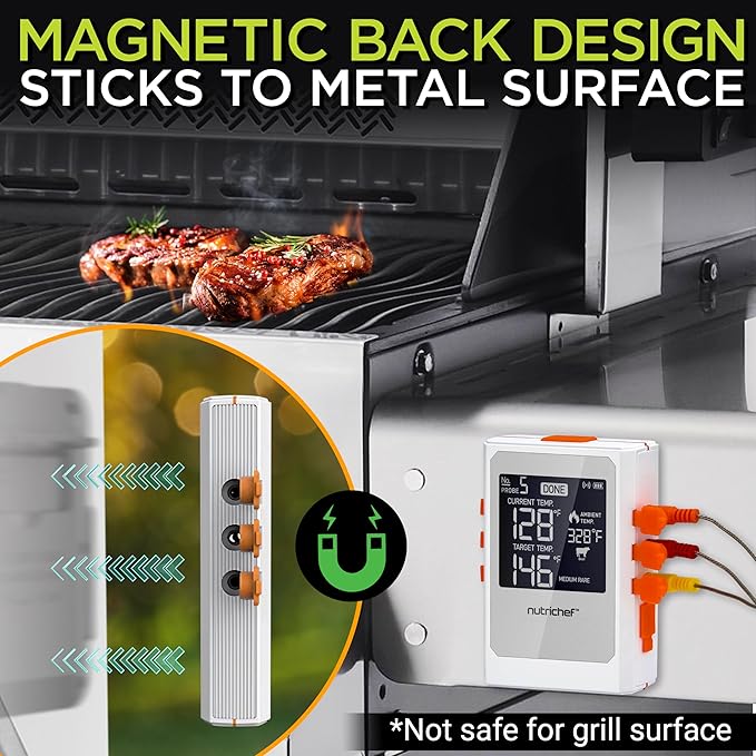 Nutrichef Wireless Meat Thermometer with 2 Stainless Steel Probes, Bluetooth and WiFi Smartphone App for Monitoring Food Temp and Remote Alerts, Digital Display, for Grilling and BBQ Smoking