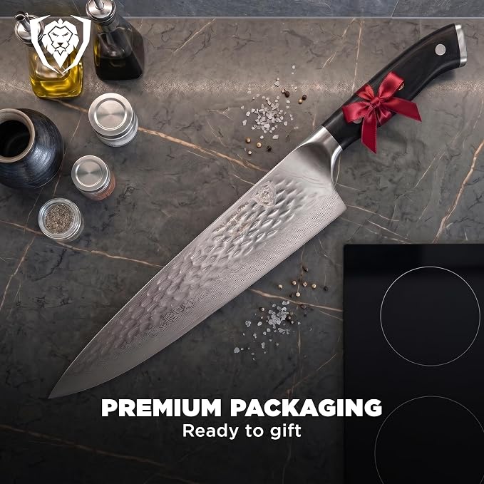 Dalstrong Chef Knife - 10.25 inch Blade - Shogun Series ELITE - Damascus - Japanese AUS-10V Super Steel - G10 Black Handle - Razor Sharp Kitchen Knife - Hammered Finish - Chef's Knife - Sheath