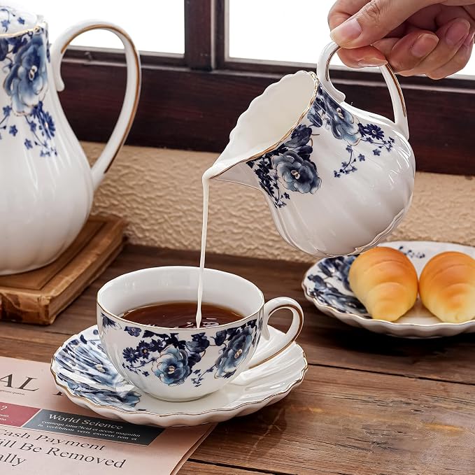 Agyiuns ceramic tea cup and saucer set of 4,floral teacup sets for Coffee, Latte, Cafe Mocha and Tea (Dark blue flowers)