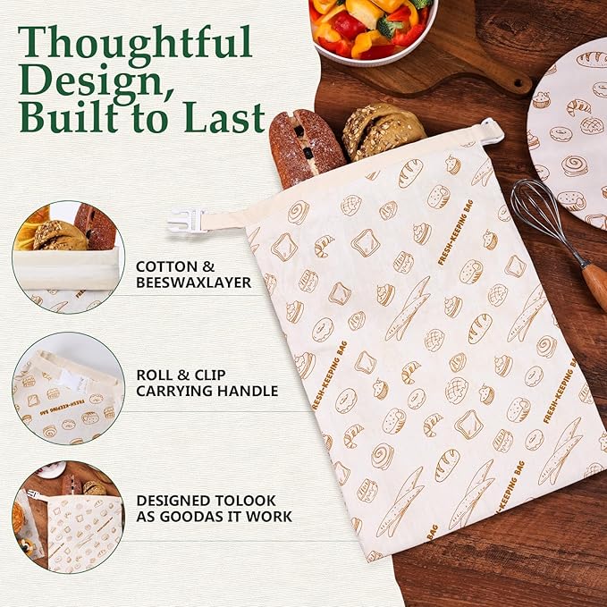 5PCS Beeswax Bread Bags with Zipper Seal, Reusable Beeswax Wrap, Plastic-Free Food Storage Wrap, 2 Sourdough Natural Beeswax Bread Storage Bag, 1 Wrap, 2 Bowl Cover