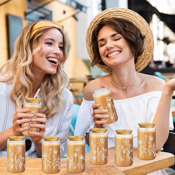 Mumufy 12 Pack Glass Cups Gift Aesthetic Cute Glass Cup Tumbler Flower Iced Coffee Mugs 16 oz with Bamboo Lid & Straw, for Wedding Birthday Bridesmaid Mom Baby Shower