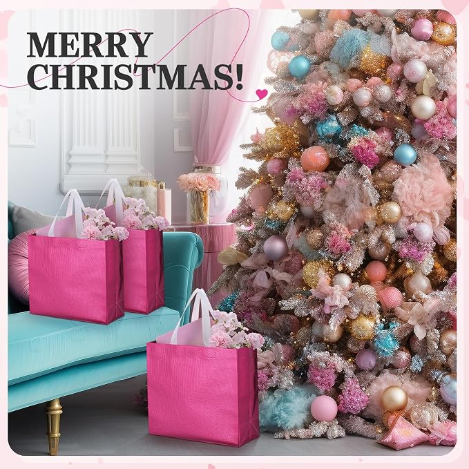 Eccliy Reusable Gift Bags Set Glossy Grocery Gift Tote Bag with Handle for Wedding, Bridal Shower, 4th of July, Summer Event(12 x 11 x 4.7 I Inch,Hot Pink,80 Pcs)