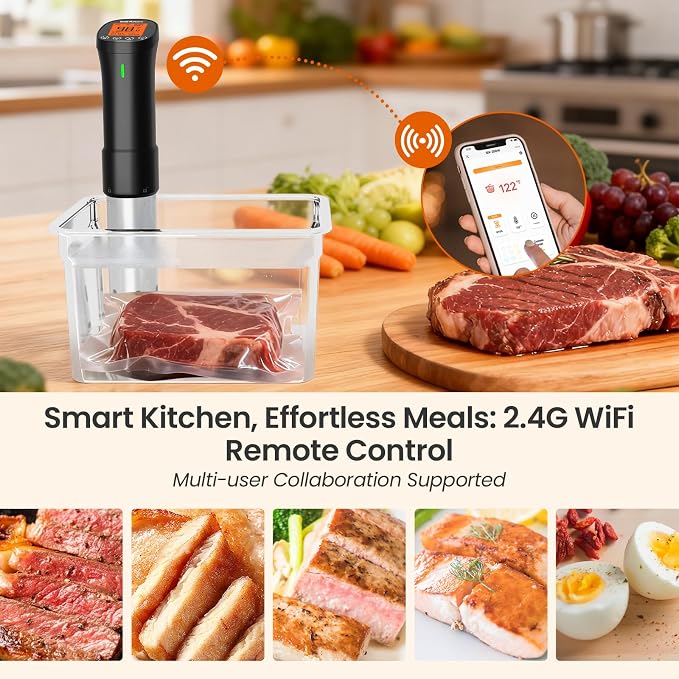 Sous Vide Cooker WiFi 2.4G, 1000W Sous Vide Machine ISSV-200-W with APP 18 Recipes, Timer Alarm, 1°F Precision, Calibration, Ultra-Quiet Thermal Immersion Circulator APP-Controlled