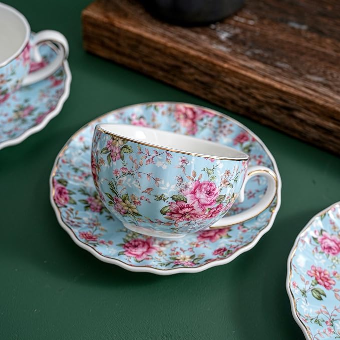 Agyiuns Tea Cup and Saucers, 6.4oz Floral Tea Cups with Gold Trim, Porcelain Teacup, Coffee Cappuccino Espresso Latte Mugs for Party Birthday,Party Cafe Home, Christmas Gift (Blue)