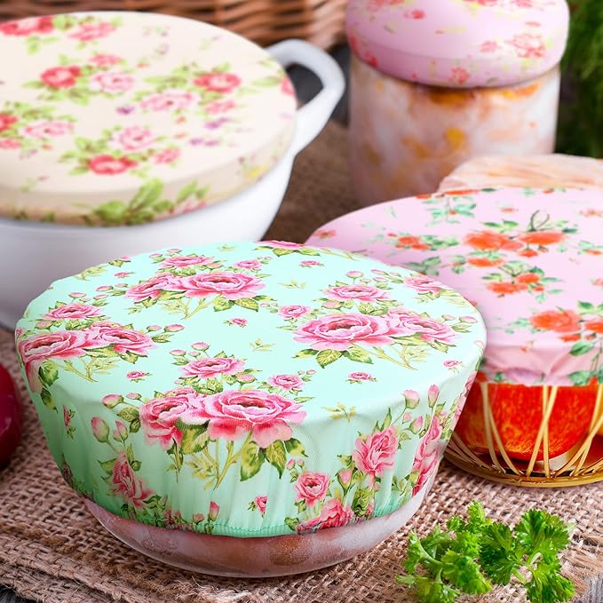 Patelai 10 Pcs Bowl Covers Reusable in 5 Size Stretch Cloth Fabric Elastic Food Storage Bowl Covers Bread Sourdough Lids for Proofing Food Fruits Leftover(Red, Pink, Green,Floral Style)