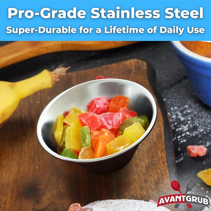 Pro Grade Stainless Steel 1.5oz Sauce Cups 12 Pk. Reusable, Stackable Metal Portion Containers for Sampling, Salad Dressing, Sides or Dipping Sauces. Small Ramekin for Restaurant Catering or Deli.