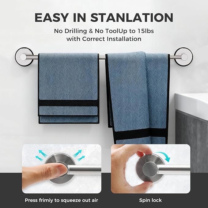 Adjustable Suction Cup Towel Bar for Bathroom Wall,17 Inch~29 Inch Towel Racks for Bathroom,Stainless Steel Bath Towel Holder for Shower(Brushed Silver)