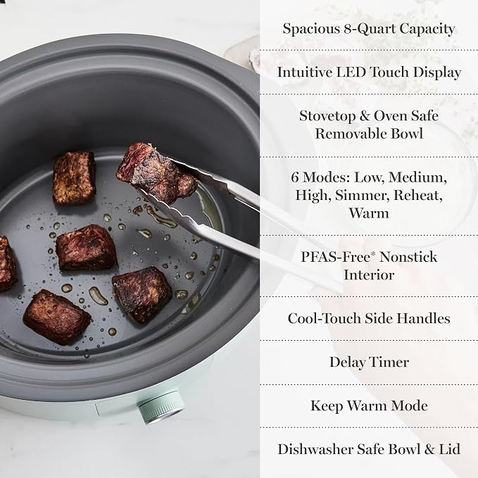 Martha Stewart 8 Quart Slow Cooker, Ceramic Nonstick Removable Bowl, Programmable with Timer, Stovetop & Oven Safe, 3 Temperature Settings, Simmer, Reheat, Warm, Glass Lid, Cool Touch Handles,Honeydew