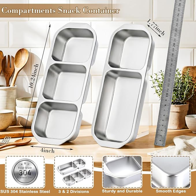 8 Pack Stainless Steel Snack Containers with Leak Proof Lids, 2/3 Compartments Metal Bento Lunch Box, Reusable Divided Food Storage Container for Adults Home Travel Work (Orange)