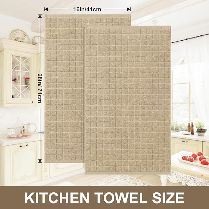 Homaxy Premium Cotton Kitchen Towels 16"x 28", Large Natural Ring Spun 390 GSM Dish Towels, Super Absorbent Terry Kitchen Hand Towels, Soft Tea Towels with Hanging Loop, Pure Tan Check Design, 4 Pack