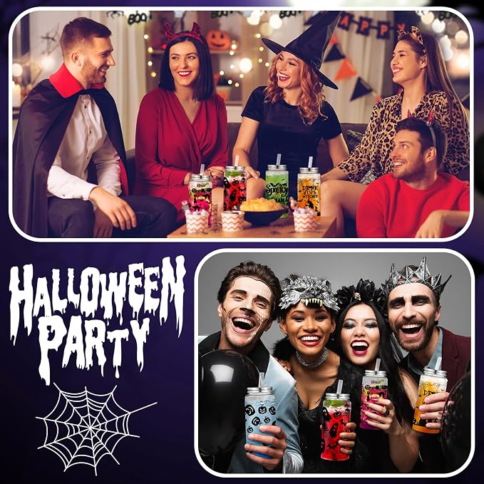 Pickmesh 48 Pcs Halloween Cups 13.5 oz Ghost Spooky Plastic Cups with Lids and Straws Bulk for Halloween Party Supplies Pumpkin Skinny Drinking Tumblers Mugs Gifts for Women