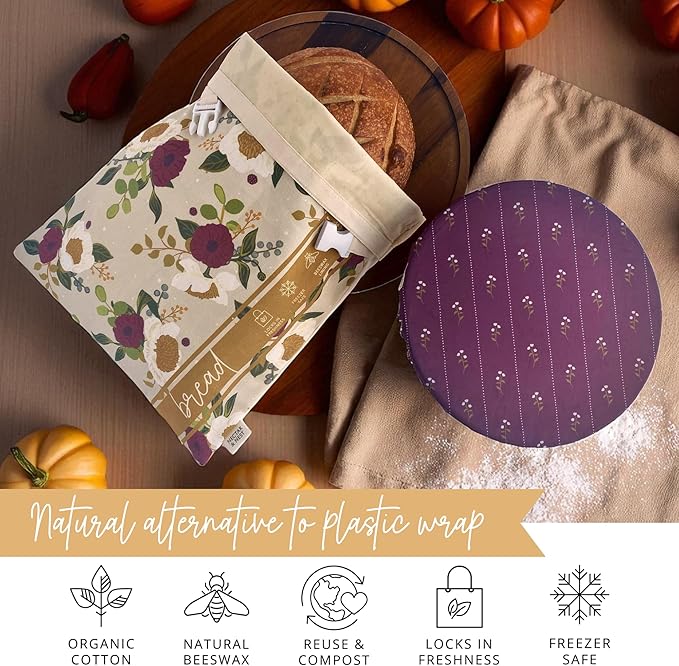 Nectar & Nest Bread Baker Set, Reusable Beeswax Bread Bags for Homemade Bread, Sourdough Bag, Organic Cotton Beeswax Bowl Cover, Limited-Edition Artist Series (December Blooms by Mackenzie Nelson Art)