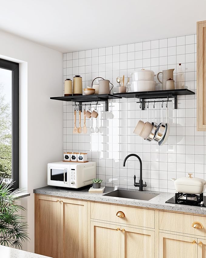 CHOEZON Wall-Mounted Pot Racks, Set of 2 Hanging Pot Rack, Floating Shelves, Wall Shelves, Vintage Pot Hangers for Kitchen, Wall Rack for Kitchen Storage, Black TPR27P2BB