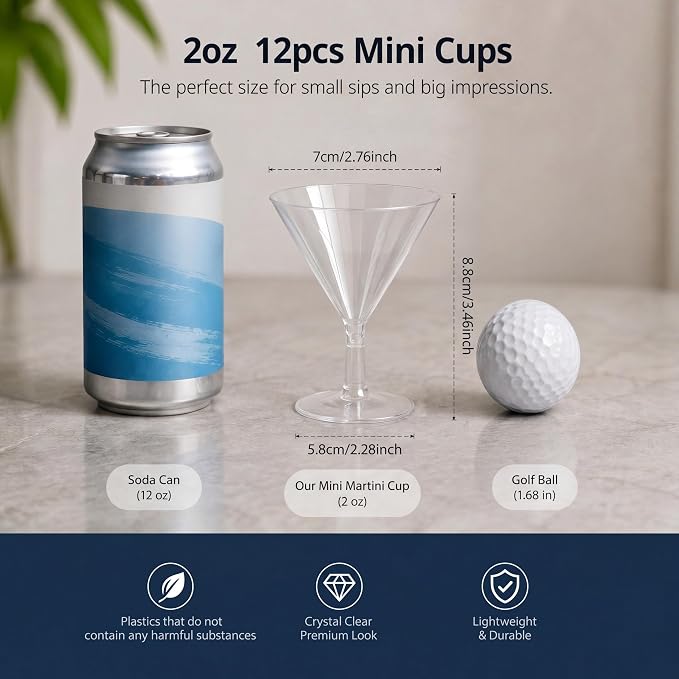 Yinkin 12 Pcs 2 oz Plastic Martini Glasses Disposable Clear Cocktail Dessert Parfait Glasses Unbreakable Mini Martini Cups for Wedding Party Bowl Wine Ice Cream (Stem)