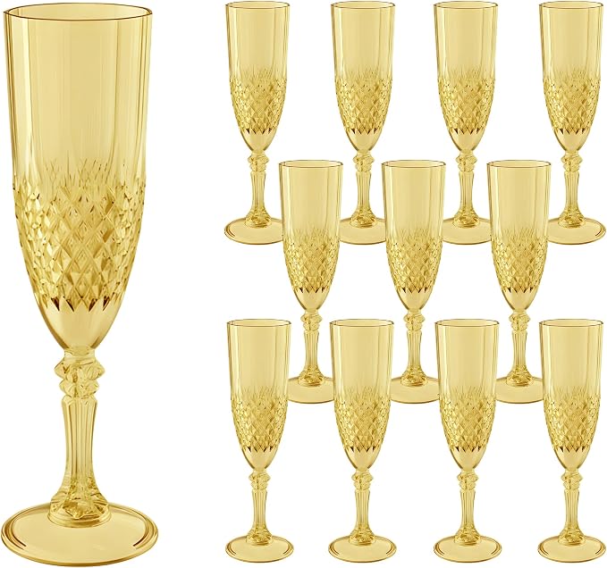 Plastic Champagne Flutes, Champagne Glasses Bulk, Reusable Unbreakable Acrylic Wine Glasses Goblets for Weddings Bachelor Parties Toasting Bridal Shower (12, Gold)