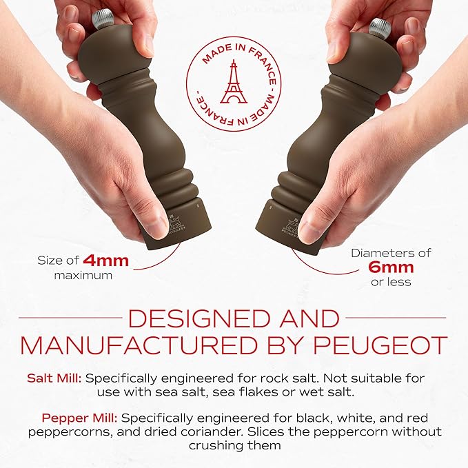 Peugeot Paris u'Select 7-inch Salt & Pepper Mill Set - Manual Mills with Adjustable Precision Grinding - Kitchen Seasoning, Stainless Steel & Beechwood, Elegant Kitchen Tools (Mocha)