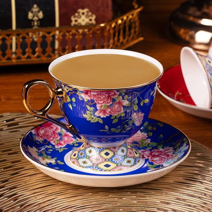 KAMMAK Tea Cups and Saucers Set of 2, Porcelain Coffee Cups, 9.8oz Stackable Espresso Mugs, Ceramic Demitasse for Coffee, Latte, Americano, Tea (635N+636N)