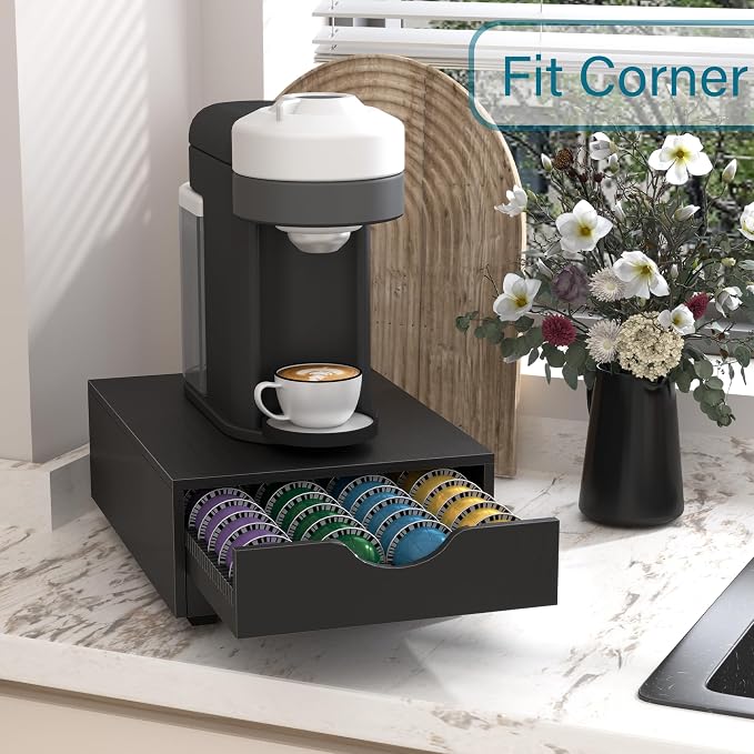 Suli Coffee Pod Drawer Organizer Compatible with Nespresso Vertuo Capsules | Wood Coffee Pod Holder for Countertop with Smooth Pull-Out,52 Small or 40 Large Capsules,Fits Under Coffee Maker,Black