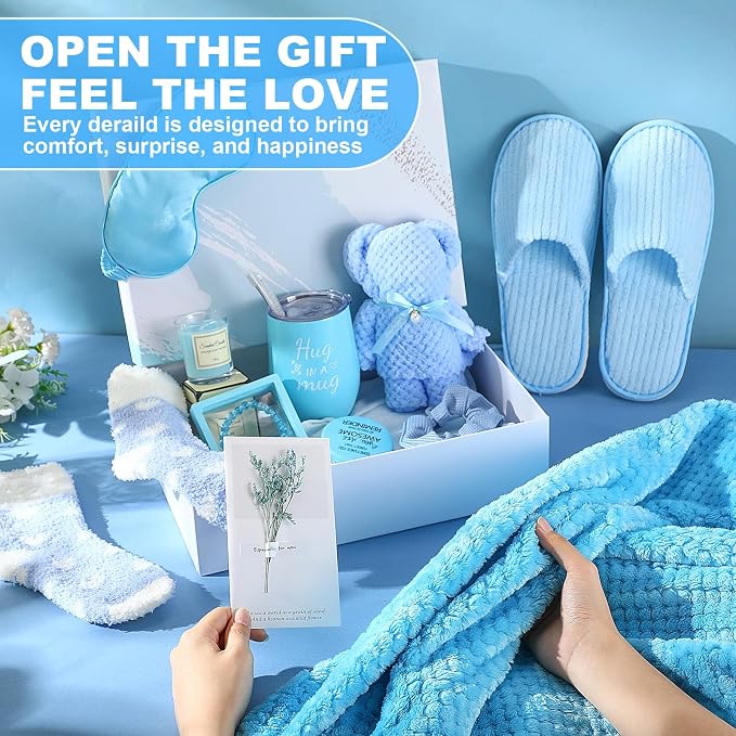 Sieral 14 Pcs Birthday Gifts for Women Care Blanket Gifts Set Spa Baskets Get Well Soon Gift Baskets Mother's Day Gift for Women Mom Her Girlfriend Sister Daughter Friend Wife Grandma(Plain,Blue)