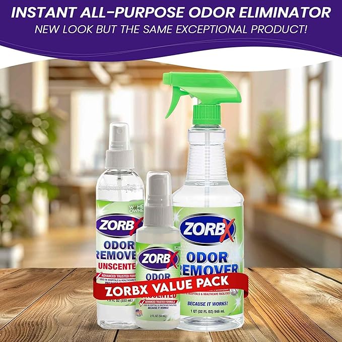 ZORBX Unscented Odor Eliminator for Strong Odor - Used in Hospitals & Healthcare Facilities | Advanced Formula, Fast-Acting Odor Remover Spray for Dog, Cat, House & Carpet (16Oz + 7.5Oz + 2Oz + 64 Oz)