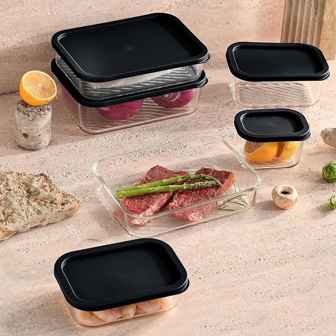 EATEX Grooved Base Glass Meal Prep Containers, 7 Pack Glass Food Storage Containers with Lids for Meal Prep & Lunch, Microwave Oven Freezer Dishwasher Safe, Anti Moisture Non-Stick Design - Black